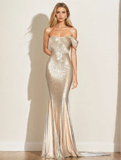 Sparkly Mermaid Champagne Off Shoulder Pleated Formal Dress with Sequins