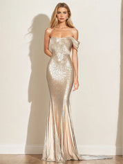 Sparkly Mermaid Champagne Off Shoulder Pleated Formal Dress with Sequins
