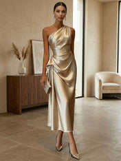 Champagne Ruched Satin One Shoulder Sleeveless Sheath Midi Dress