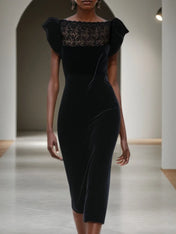 Black Lace Velvet Boat Neck Short Ruffle Sleeve Sheath Midi Dress