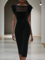 Black Lace Velvet Boat Neck Short Ruffle Sleeve Sheath Midi Dress