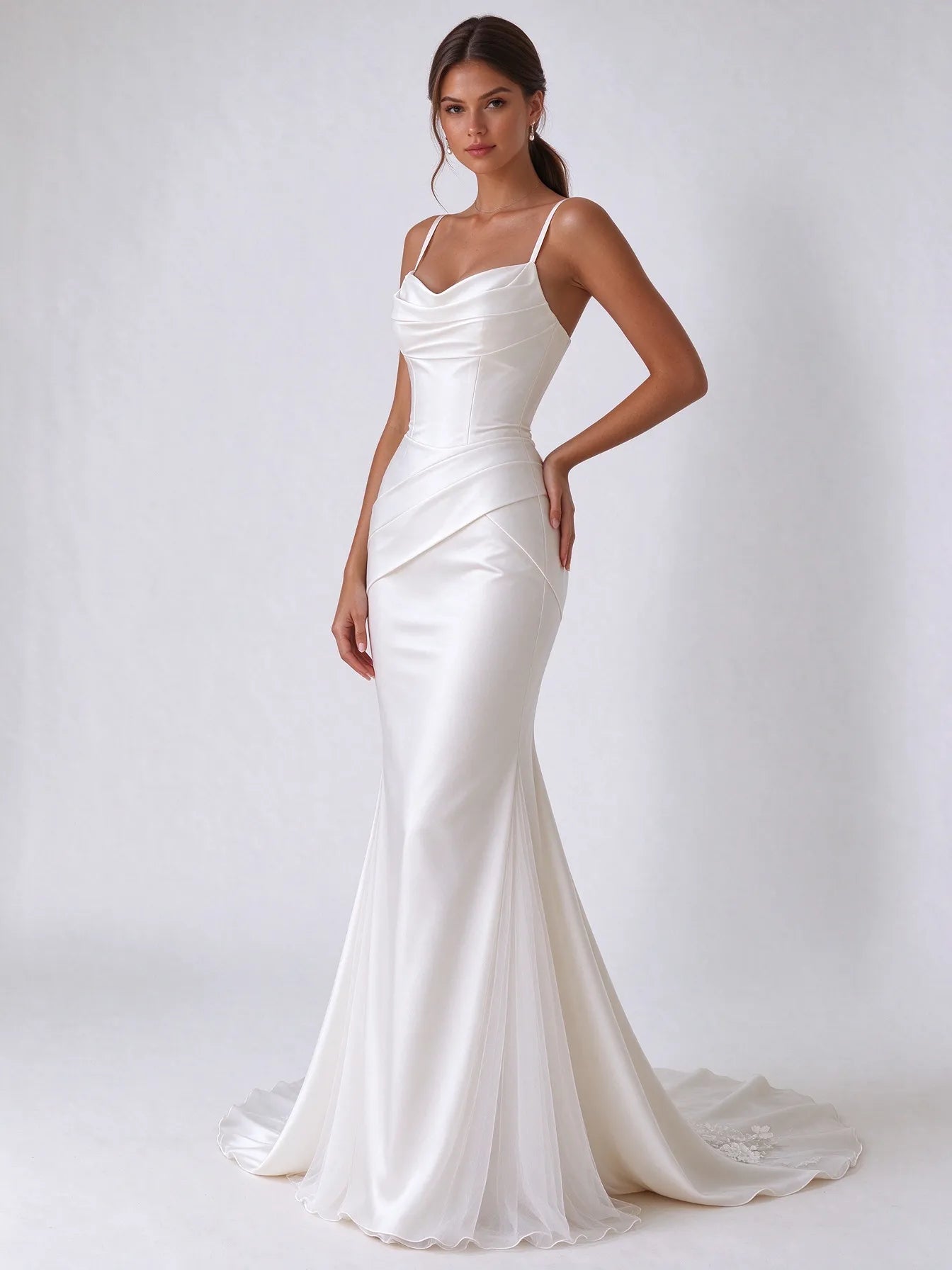 Cowl-Neck Draped Satin Mermaid Bridal Wedding Dress with Geometric Back