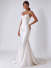 Cowl-Neck Draped Satin Mermaid Bridal Wedding Dress with Geometric Back