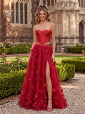 2-Piece Strapless Red 3D Floral Tulle Prom Dress
