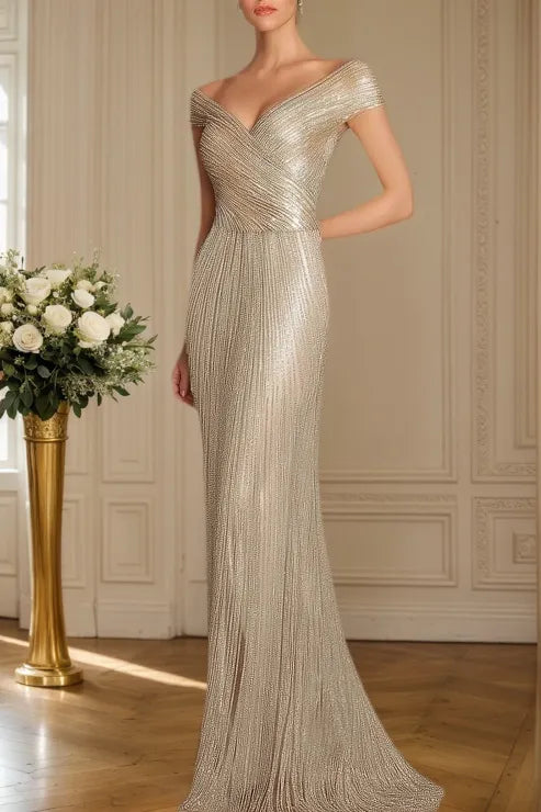 Evening Formal Dress Gold Sequin Off-The-Shoulder Maxi Gown