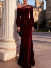 Evening Formal Dress Burgundy One Shoulder Velvet Maxi Dress