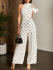 Women White Polka Dots Bow Halter Sleeveless Dressy Jumpsuit