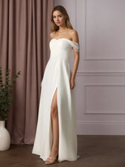 White A-Line Off the Shoulder Chiffon Wedding Dress