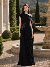 One-Shoulder Beaded Draped Chiffon Evening Dress