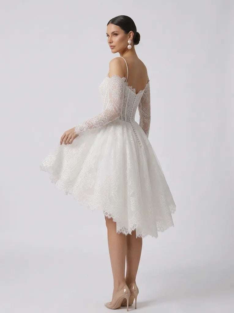 Off-the-Shoulder Lace Corset High-Low Short Wedding Dress