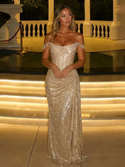 Off-the-Shoulder Glitter Sequin Column Prom Dress with High Slit