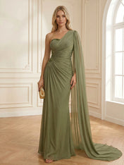 Sage Green One Shoulder Beaded Evening Gown with Cape Sleeve