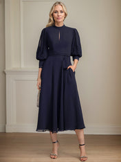 A-line High Neck Tea-Length Lace Chiffon Mother of the Bride Dress With Bow