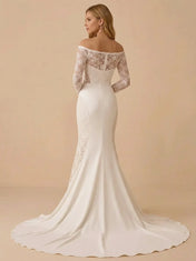 Off-the-Neckline Long-Sleeve Satin and Lace Mermaid Wedding Dress
