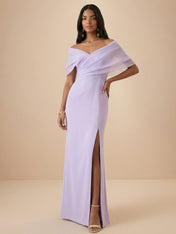 Lilac Off-the-Shoulder Slit Evening Gown with Draped Maxi Dress