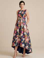 High Low Print Flower Satin A Line Mother of the Bride Dresses