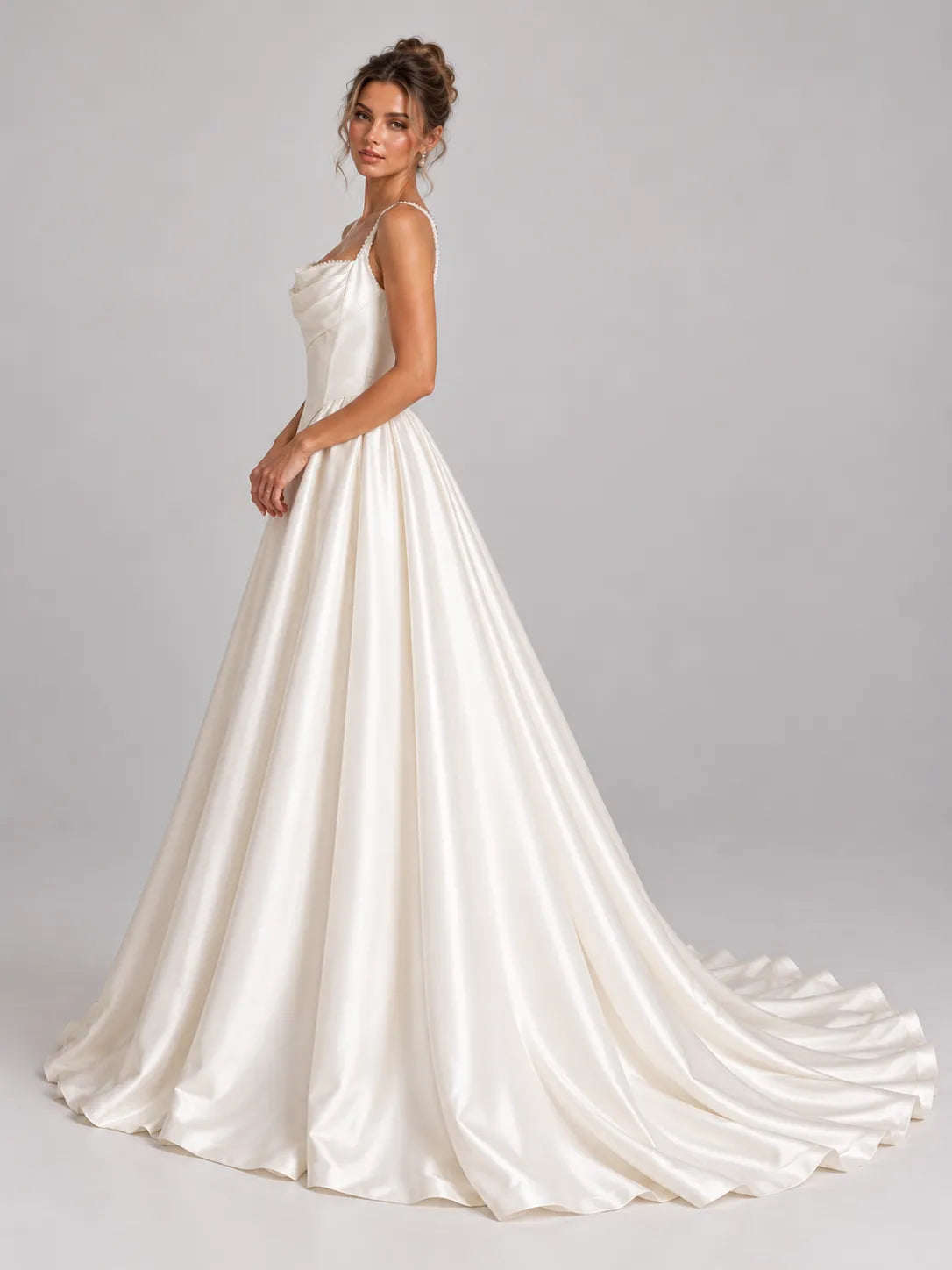 Square-Neck Beaded Strap Satin Wedding Dress Ball Gown with Draped Bodice and Covered Button Back