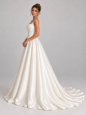 Square-Neck Beaded Strap Satin Wedding Dress Ball Gown with Draped Bodice and Covered Button Back