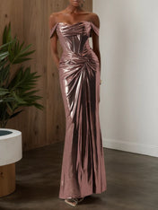 Dark Rose Glod Metallic Ruched Satin Off The Shoulder Sleeveless Sheath Corset Maxi Dress