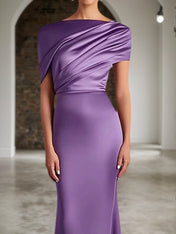 Fall Wedding Guest Dress Satin Purple Ruched Maxi Dress