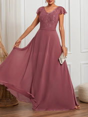 Watermelon Red Lace V Neck Short Sleeve A-Line Maxi Dress