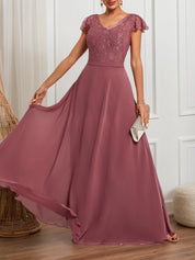Watermelon Red Lace V Neck Short Sleeve A-Line Maxi Dress