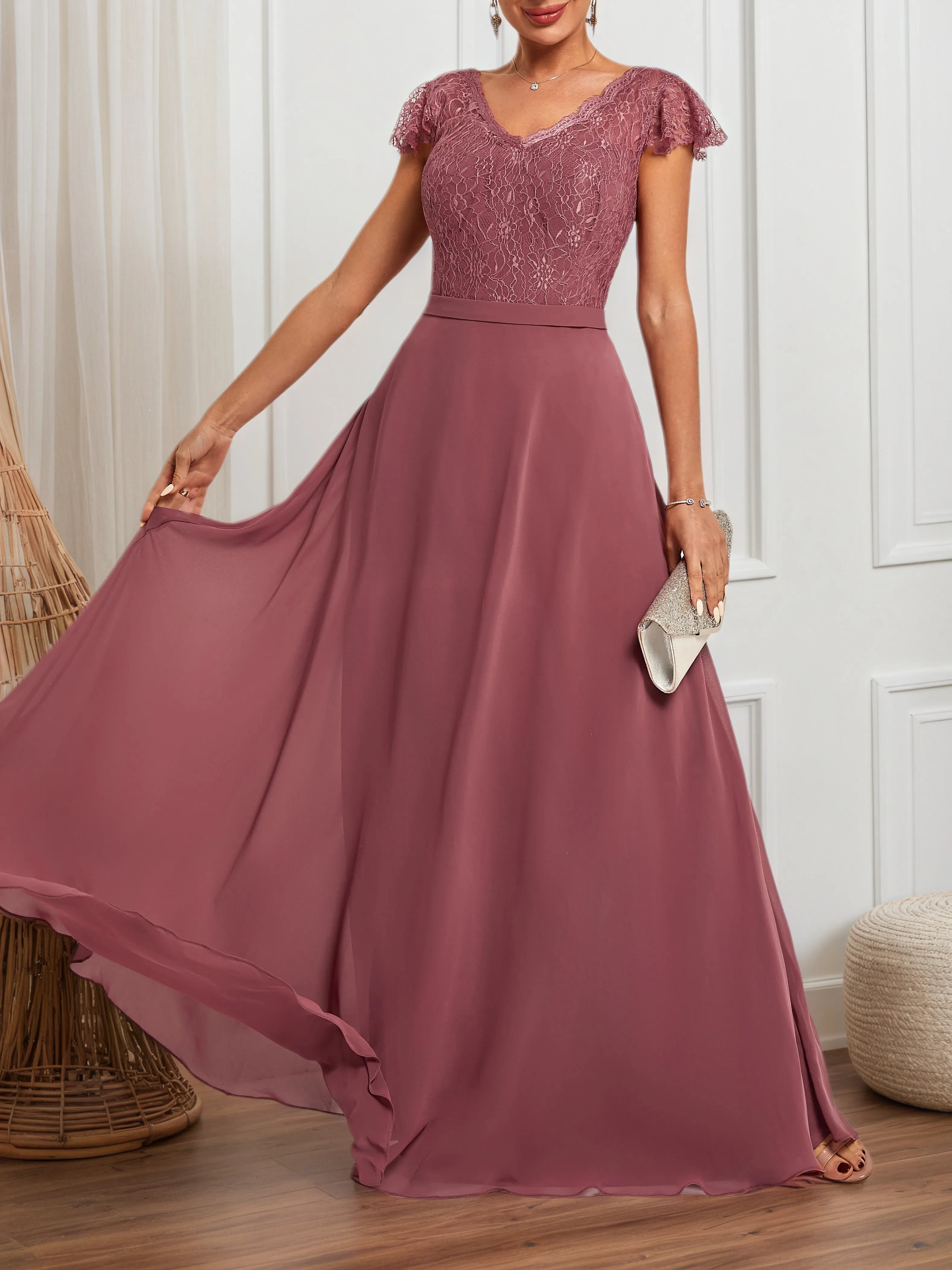 Watermelon Red Lace V Neck Short Sleeve A-Line Maxi Dress