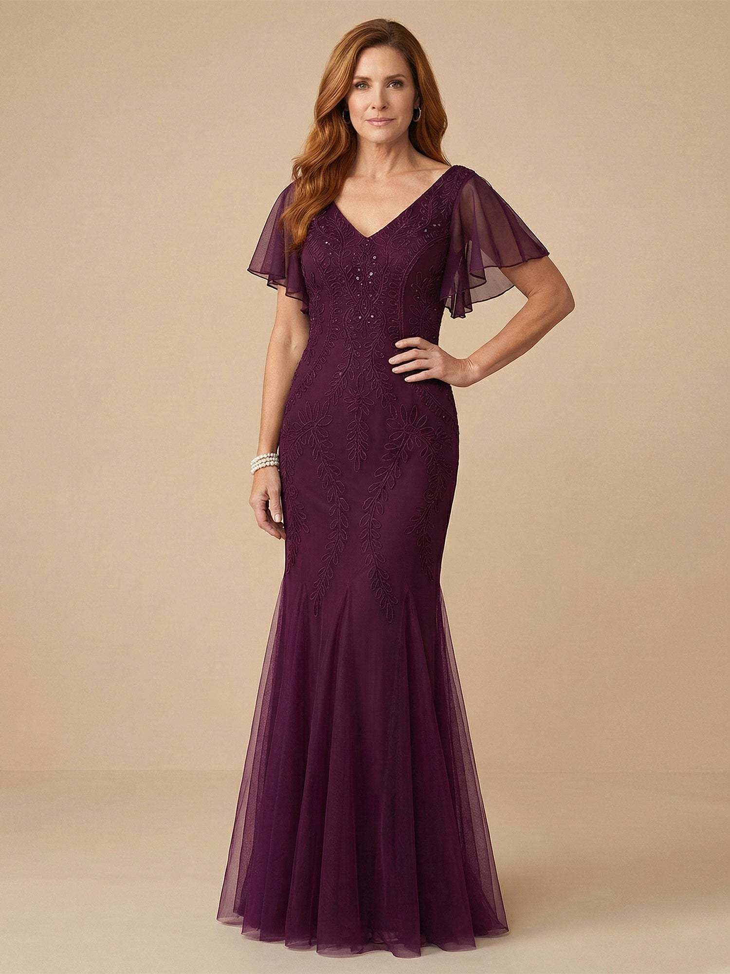 Trumpet/Mermaid V Neck Floor-Length Mother of the Bride Dress With Cascading Ruffles