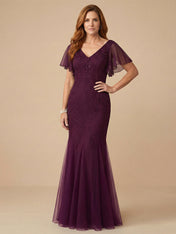 Trumpet/Mermaid V Neck Floor-Length Mother of the Bride Dress With Cascading Ruffles