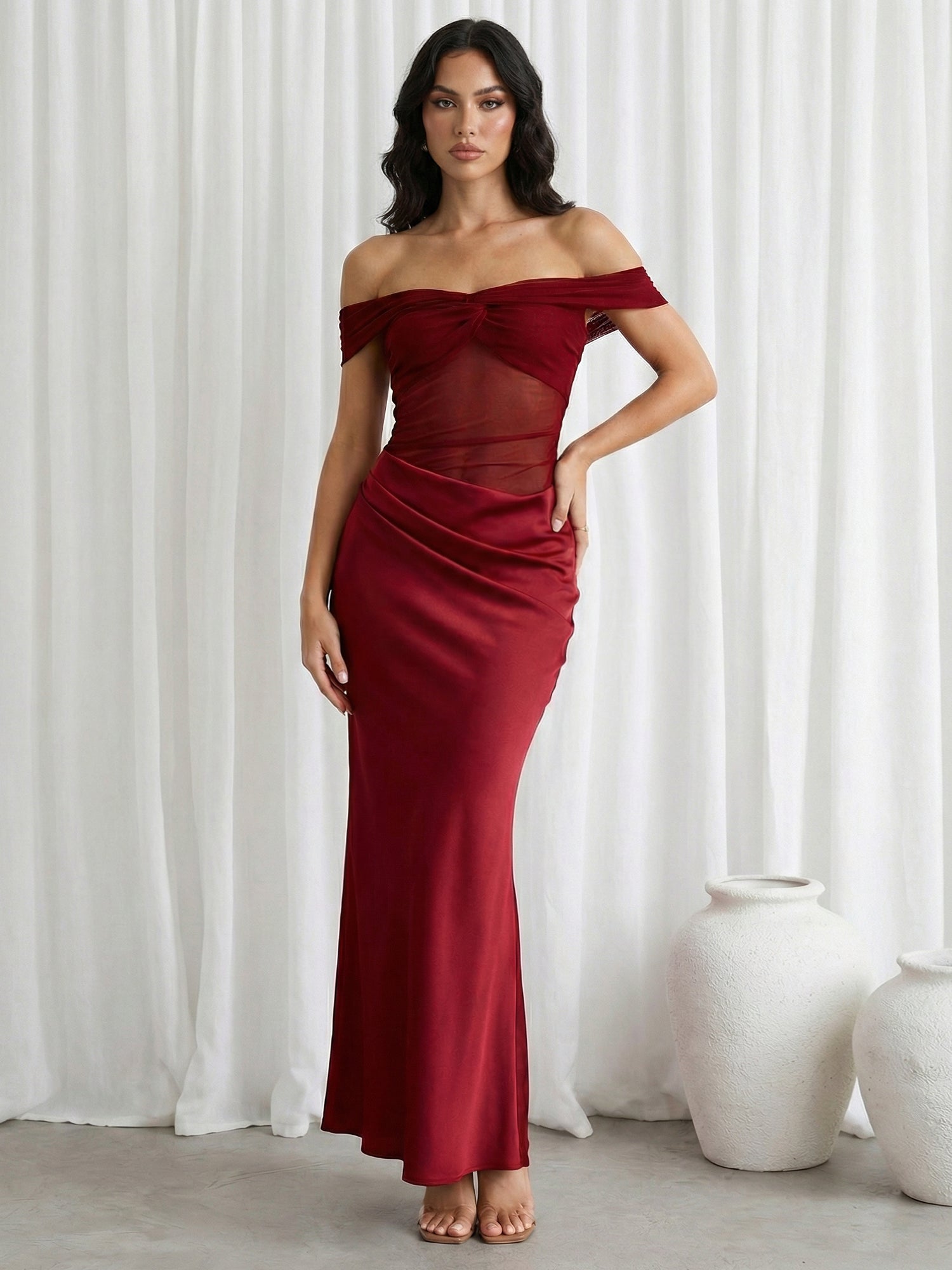 Burgundy Off the Shoulder Satin Mermaid Maxi Dresses