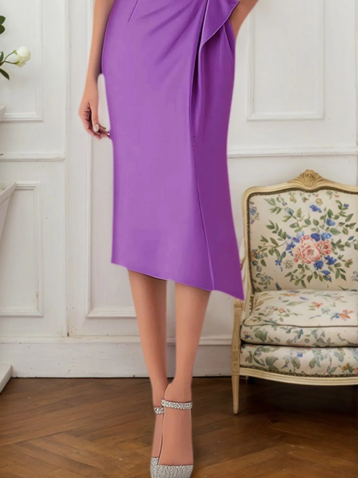 Fall Wedding Guest Dress Purple One-Shoulder Midi Dress with Pockets