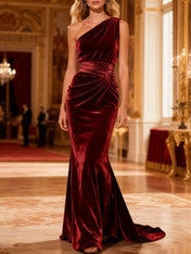 Burgundy Ruched Velvet Long Mermaid Holiday Party Dress