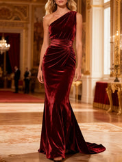 Burgundy Ruched Velvet Long Mermaid Holiday Party Dress