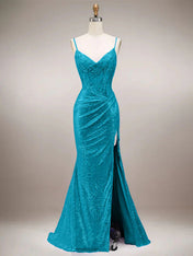 Green Mermaid Sparkly Spaghetti Straps Corset Long Prom Dress with Slit