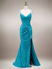 Green Mermaid Sparkly Spaghetti Straps Corset Long Prom Dress with Slit