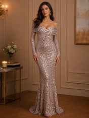 Off-the-Shoulder Long Sleeve Sequin Mermaid Evening Gown with Ruched Bodice