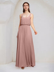 Dusty Rose A Line Chiffon Square Neck Sleeveless Floor Length Bridesmaid Dresses
