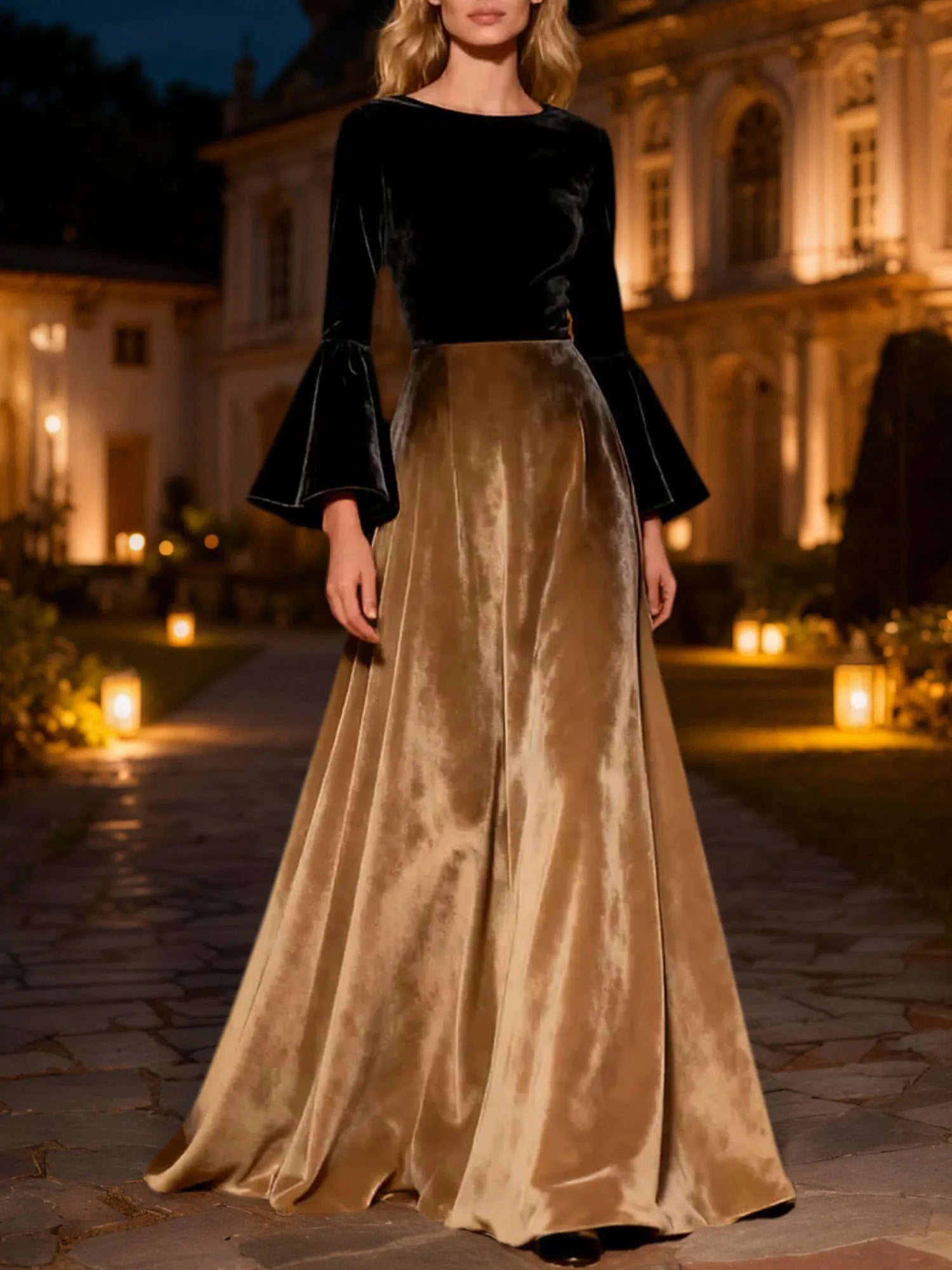 Black Flare Sleeves A-Line Long Velvet Holiday Party Dress