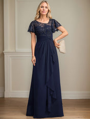 A-line Asymmetrical Illusion Floor-Length Lace Chiffon Mother of the Bride Dress With Cascading Ruffles Sequins
