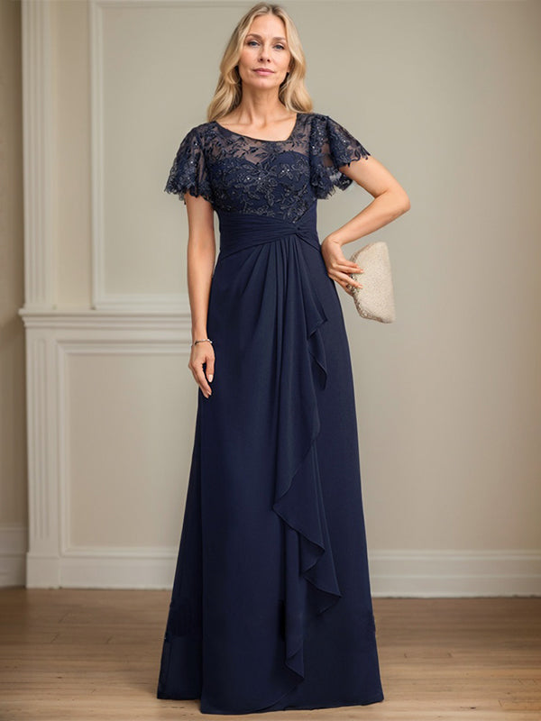 Dreamylily A-line Asymmetrical Illusion Floor-Length Lace Chiffon Mother of the Bride Dress With Cascading Ruffles Sequins Dreamylily A-line Asymmetrical Illusion Floor-Length Lace Chiffon Mother of the Bride Dress With Cascading Ruffles Sequins