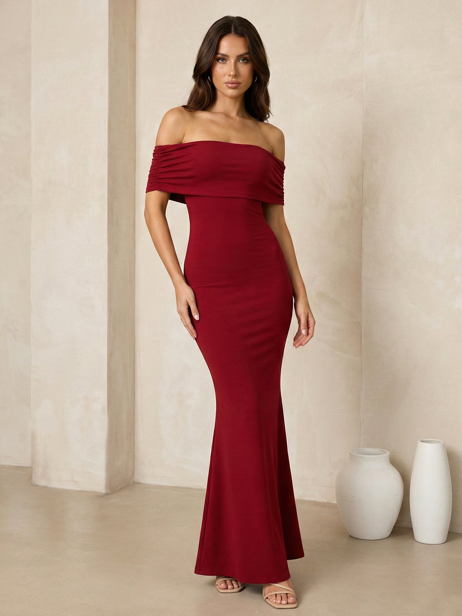 Red Off the Shoulder Maxi Dresses with Pleat Mermaid Evening Dress