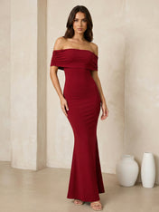 Red Off the Shoulder Maxi Dresses with Pleat Mermaid Evening Dress