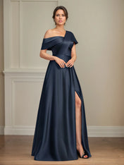 A Line Asymmetrical Floor-Length Satin Mother of the Bride Dress With Pleated