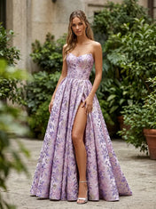 Strapless Brocade A-Line Prom Dress with High Front Slit