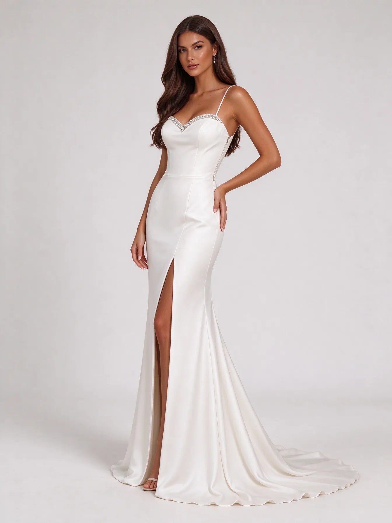 Crystal-Trimmed Satin Mermaid Bridal Gown Wedding Dress with High Leg Slit