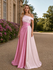 Elegant One-Shoulder Color-Block Satin Sleeveless Evening Dress