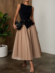 Light Khaki Dressy Ruffled Boat Neck Top with Skirt Two-Piece Set With Belt