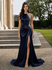 Halter Pearl-Embellished Satin Sleeveless Evening Dress