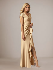 Champagne A-Line Satin V Neck Asymmetrical Mother of the Bride Dress