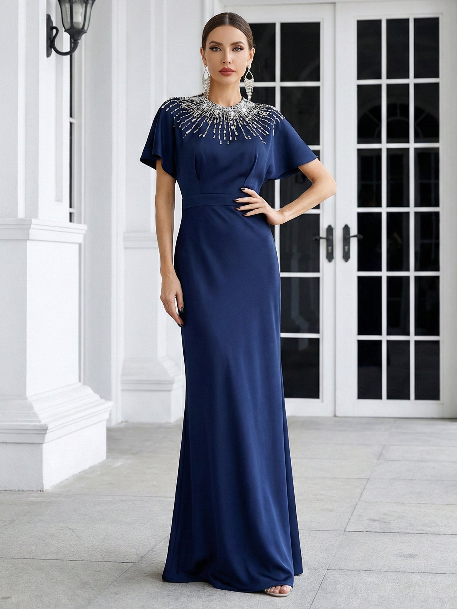 Navy Blue O Neck Short Sleeves Mermaid Satin Evening Dress with Beads